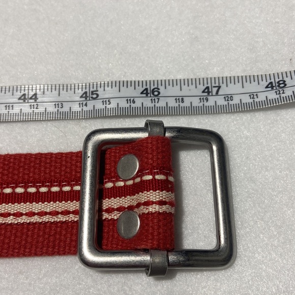 Red Web Belt with Silver Tone Metal Buckle and Leather End. 46”L X 1.5”W. NWOT - Picture 6 of 6